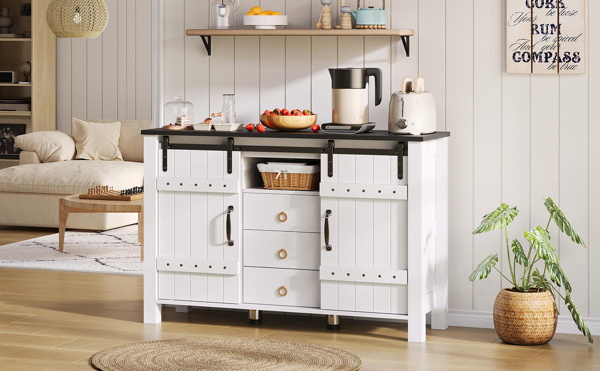 SIDEBOARD im Landhausstil mit 2 Schiebetüren und 3 Schubladen, MDF, 120/40/80 cm, Weiß - Weiß, Holzwerkstoff (120/80/40cm) - Redom