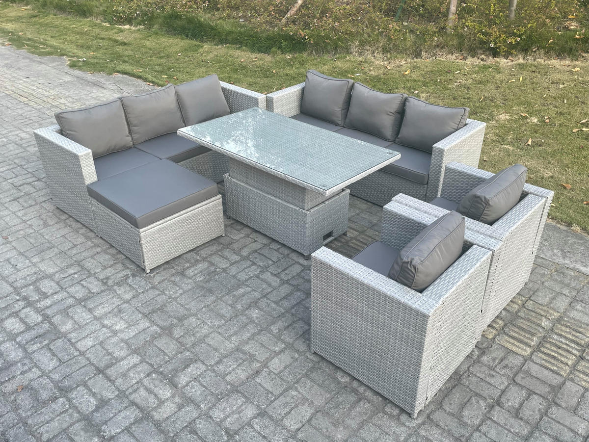 GARTENSOFA SET mit höhenverstellbarer Tisch Polyrattan Helles Grau 9-Sitzer - Hellgrau, Metall - Fimous