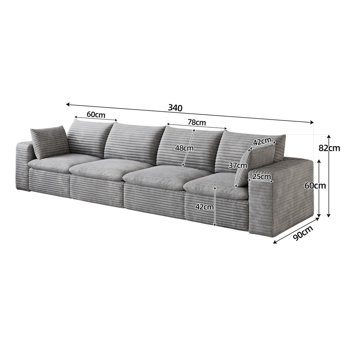 4-SITZER-SOFA DE-34773 mit abnehmbare Polsterung Grau - Grau, Textil (90/60/340cm) - ComfortXL