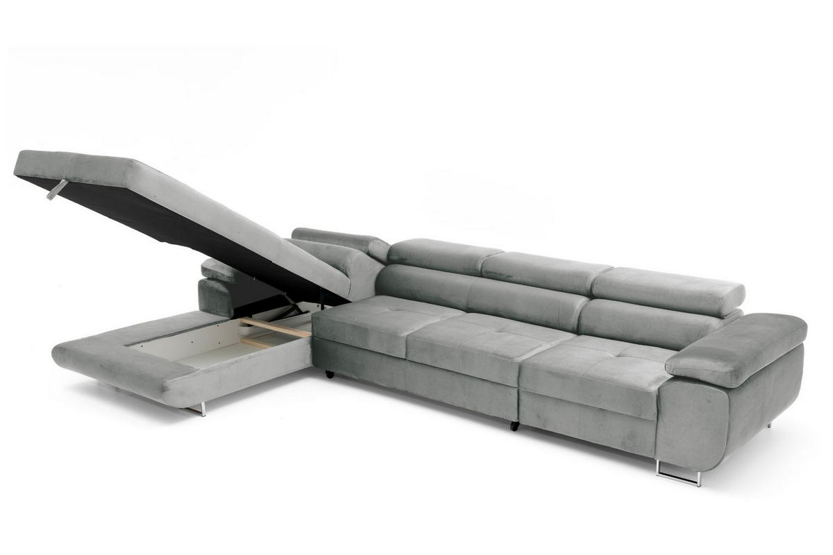 ECKSOFA ALONZO MAXI Links mit Schlaffunktion 125x195 Velours Hellgrau - Silberfarben/Hellgrau, Holz/Textil (350/203cm) - Muffo