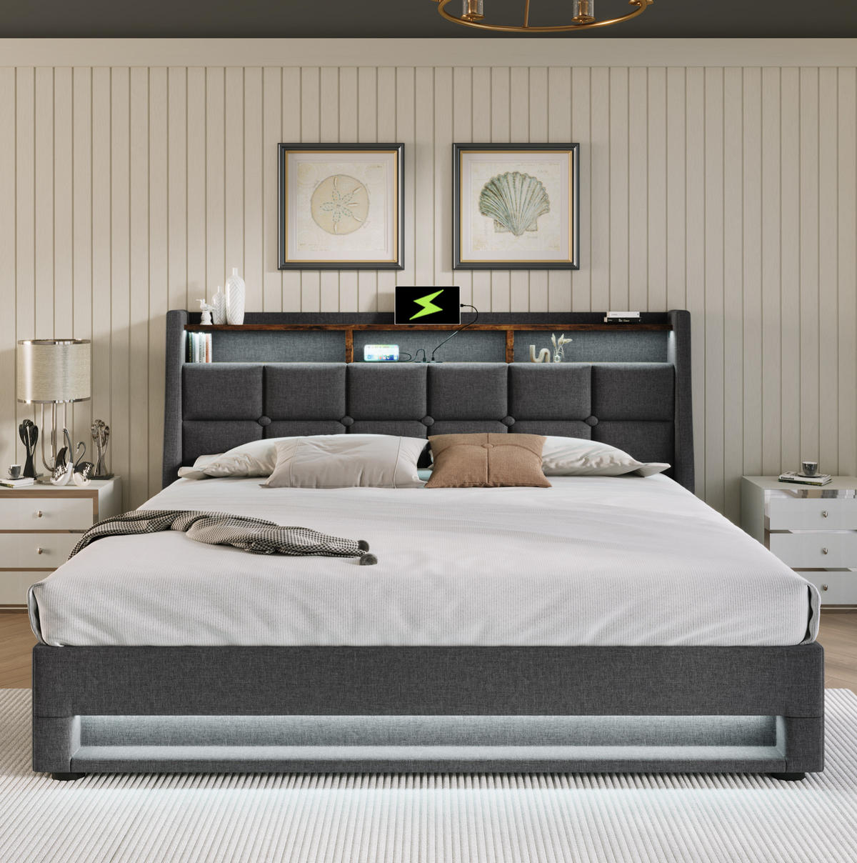 POLSTERBETT aus Leinenstoff 180x200 cm Grau mit LED-Beleuchtung, 2 USB-Anschlüssen und Bettkasten - Grau, Textil (180/200cm) - IVMEU