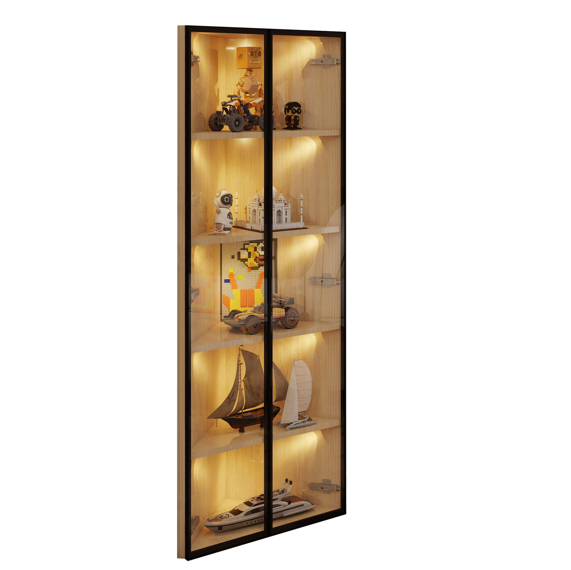 ROHOVÁ vitrína z MDF 62x35x160 cm dubová s LED osvětlením, tichým dovíráním a bezpečnostním sklem - barva dubu, kompozitní dřevo (62/160/35cm) - Modfu