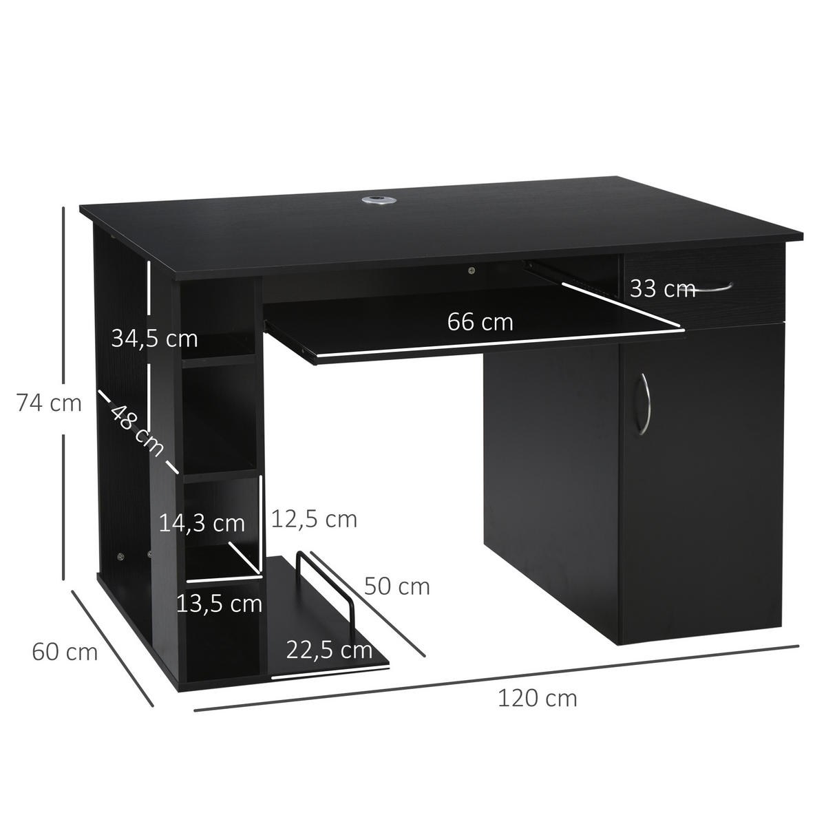 SCHREIBTISCH Schwarz mit Schublade, Tastaturauszug und Ablagefächern 120/60/74 cm - Schwarz, Holzwerkstoff (60/120/74cm) - PANGIVO