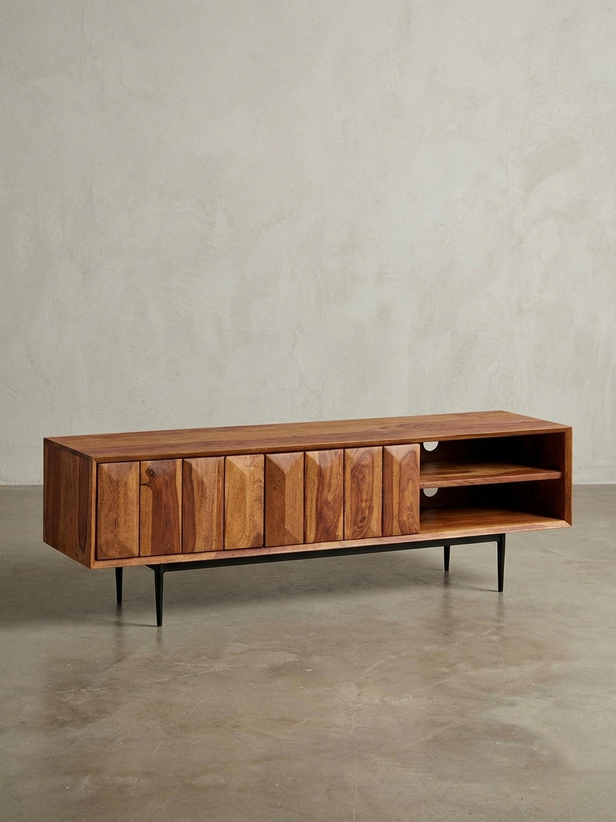 LOWBOARD Massivholz Modern Stil für 55-Zoll Fernseher Push-to-Open mit Edelstahlbeinen - Schwarz/Braun, Holz/Metall (123/42/35cm) - KADIMA DESIGN