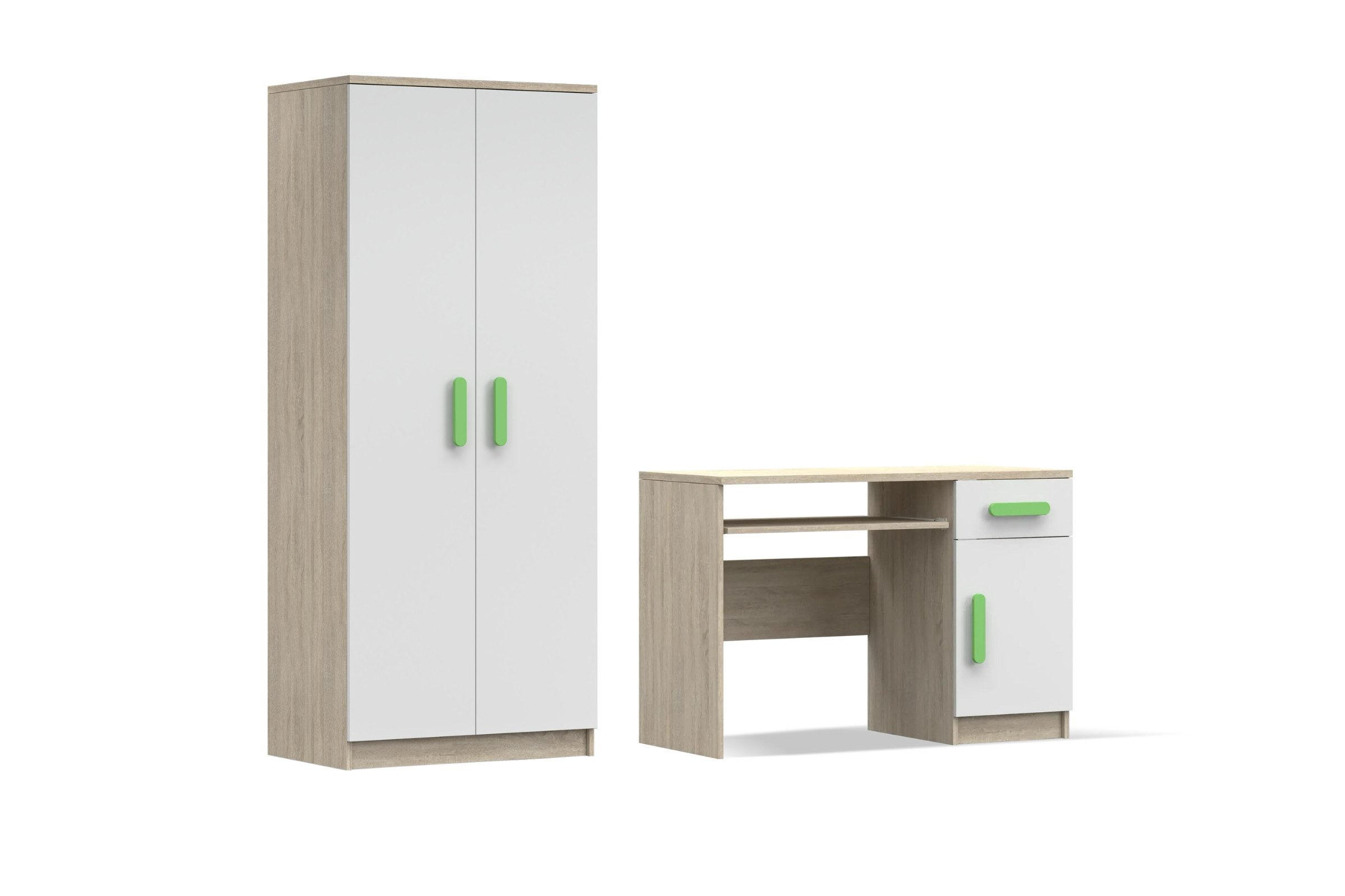 Deine Möbel 24 Kinderzimmer-Set Weiß, Sonoma Eiche, Grün 190x192x50 cm