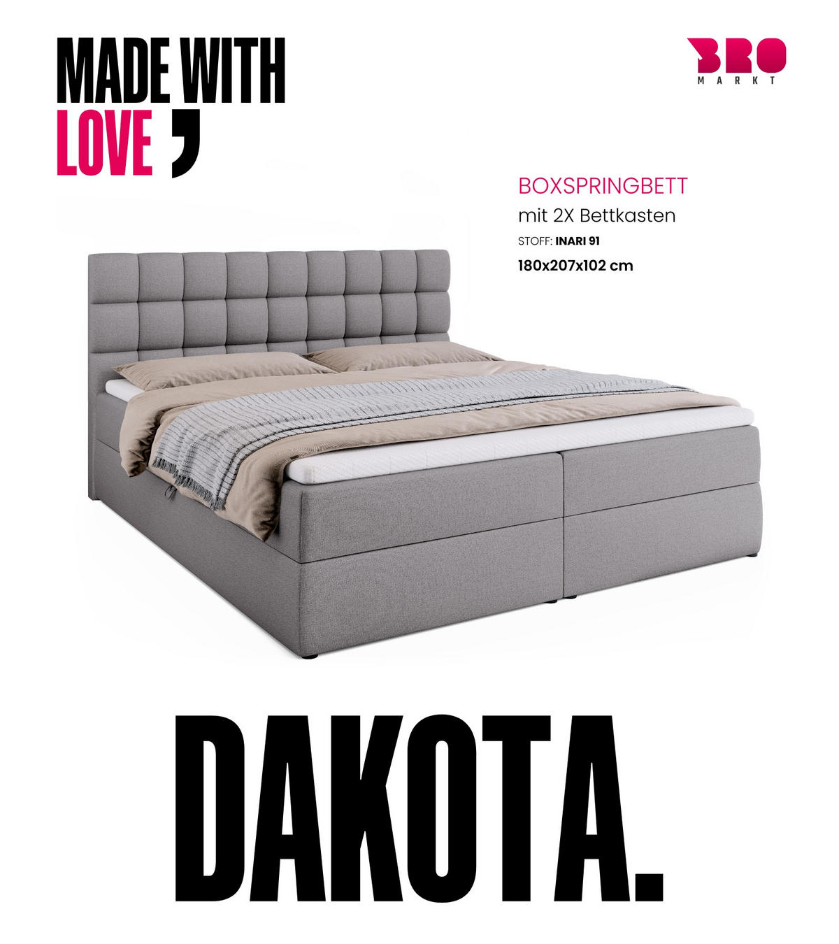 BOXBETT Dakota mit Topper 180/200 Grau - Grau, Textil (180/200cm) - Bromarkt