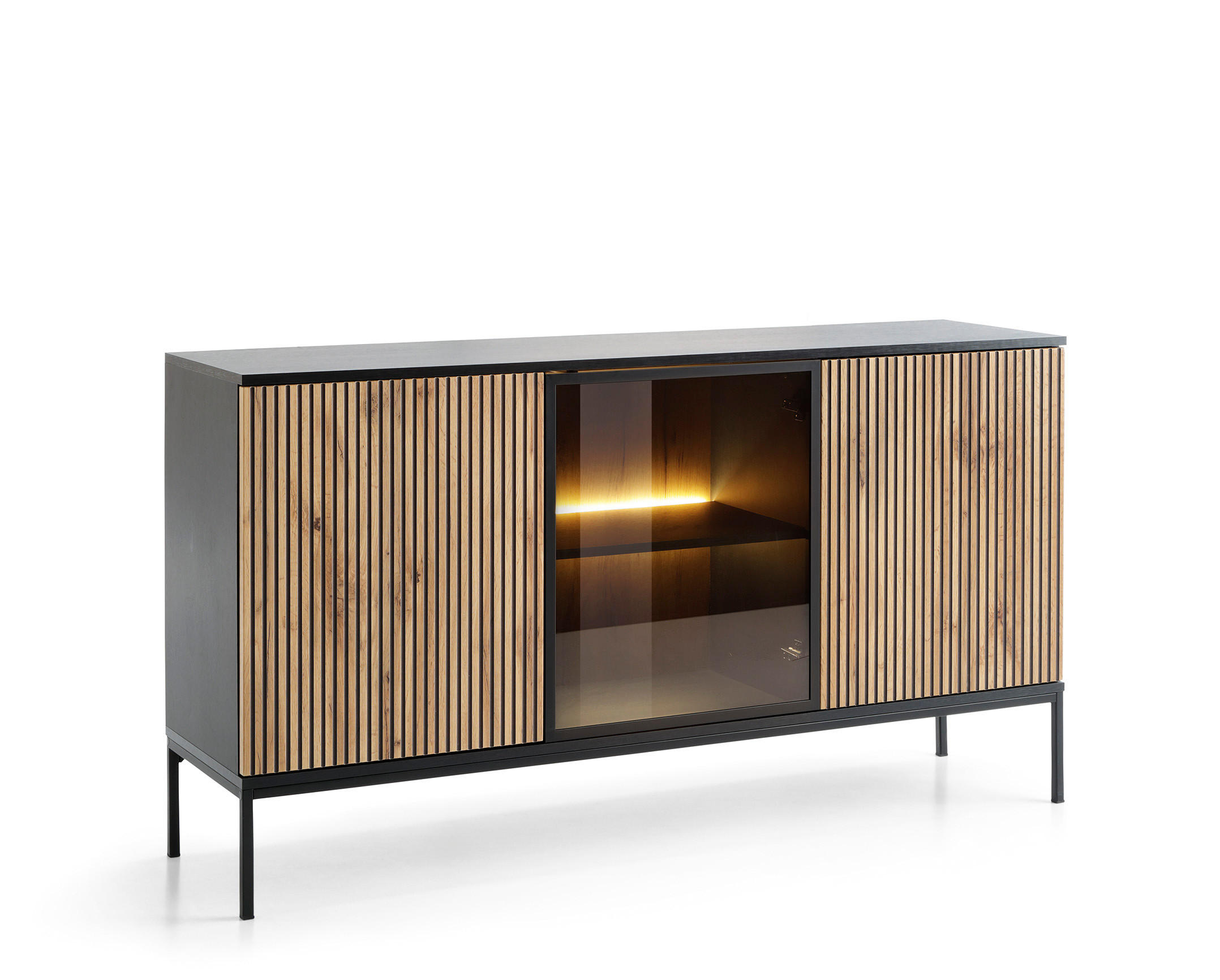 KOMMODE Sentino Schwarz, Dreitürige Türkommode mit LED - Eiche Wotan/Schwarz, Holzwerkstoff/Metall (154/83/39cm) - Bettso