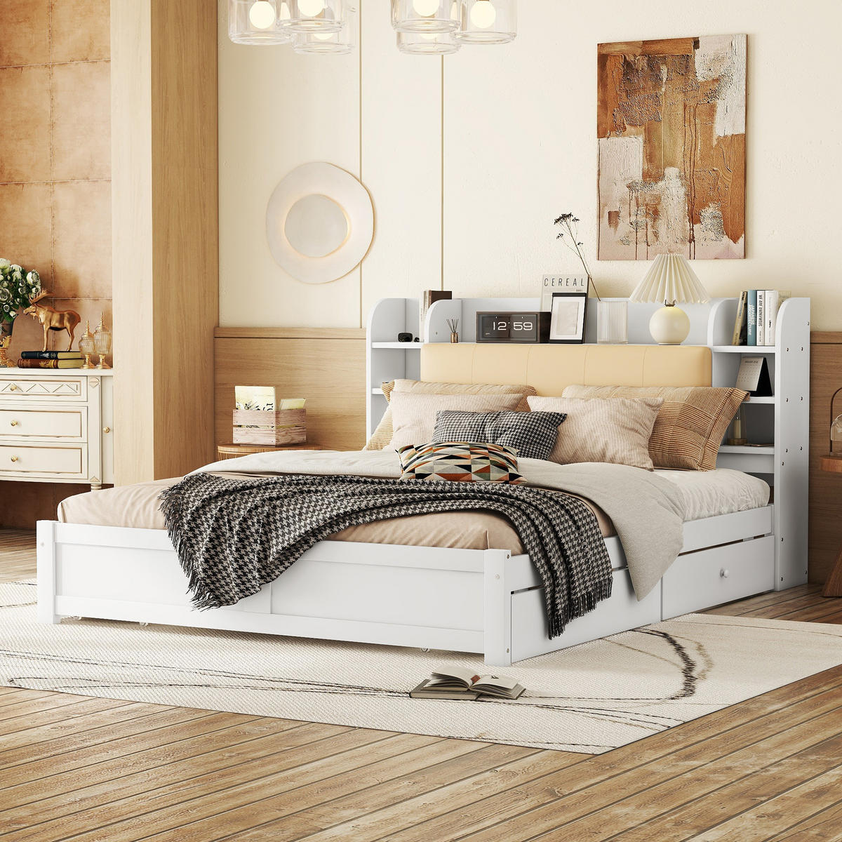 HOLZBETT 180/200 cm aus Kiefernholz mit Stauraum und klappbarem Kopfteil - Weiß, Holz (180/200cm) - OKWISH