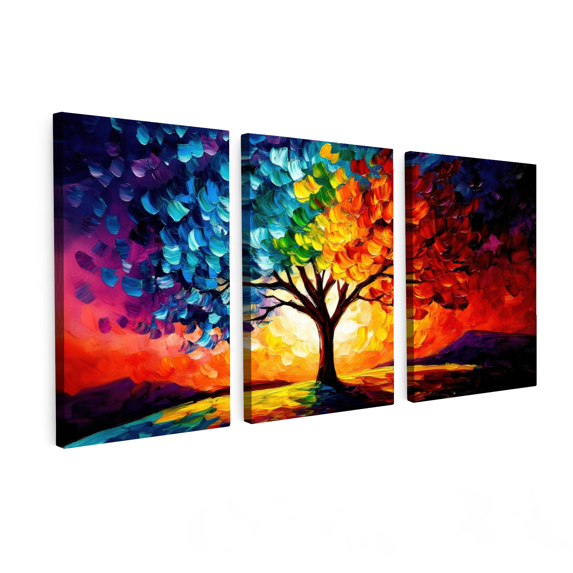 OBRAZ NA PLÁTNĚ 3dílná sada Strom - barevný - vzhled barvy - abstraktní 120x60 cm - různobarevná, textil (120/60cm) - MuchoWow