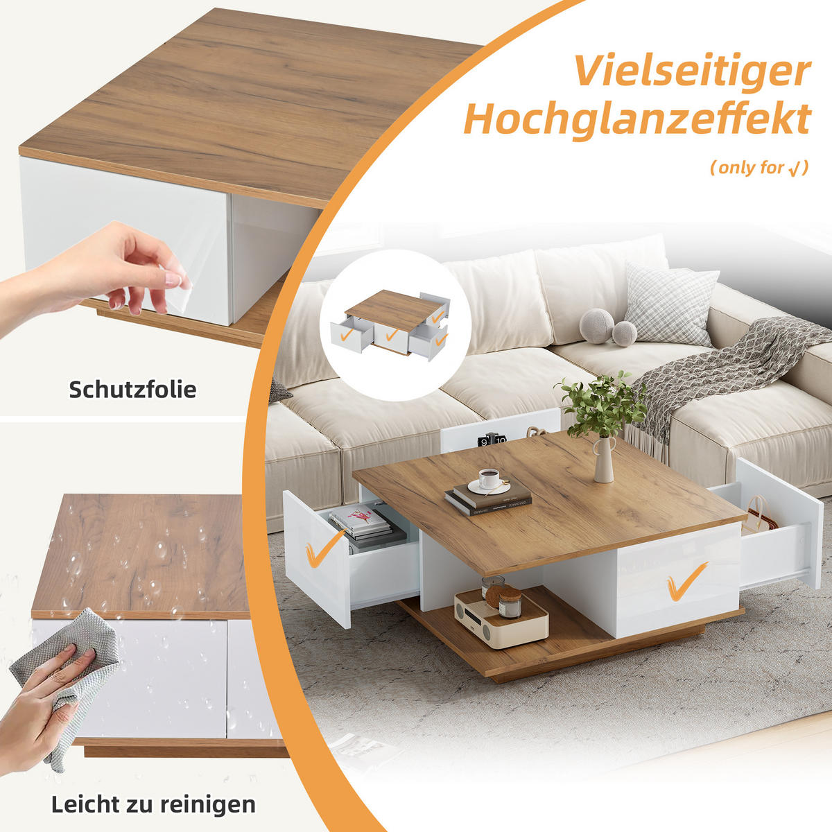 COUCHTISCH Weiß/Holzfarbe - Weiß, Holzwerkstoff (70/70/31.5cm)