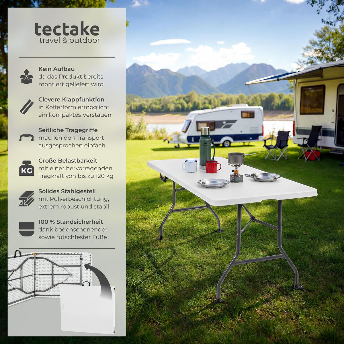 CAMPINGTISCH Panja, gummierter Tragegriff, weiß - Weiß, Kunststoff (70/180/74cm) - tectake