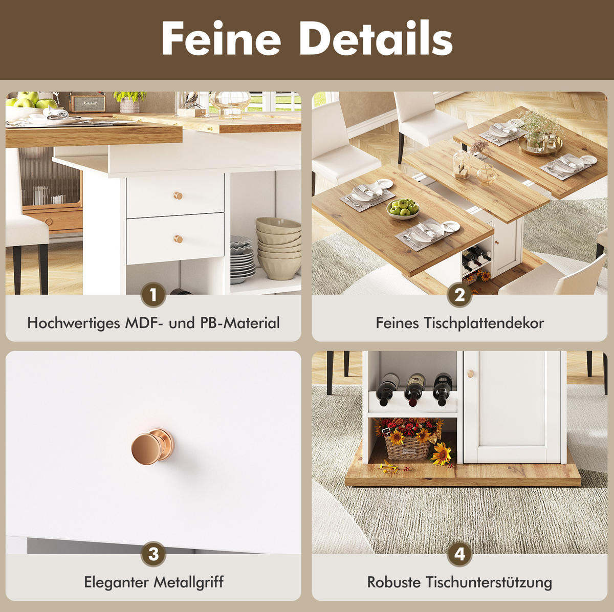 ESSTISCH 80/140/75 cm Weiß Natur aus MDF mit Stauraum und Auszug - Naturfarben, Holzwerkstoff (140/80/75cm) - OKWISH