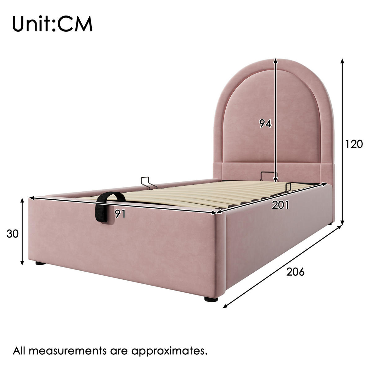 POLSTERBETT 90/200 cm Rosa mit Hydraulik und Lattenrost ohne Matratze - Rosa, Textil (90/200cm) - MIVRAY