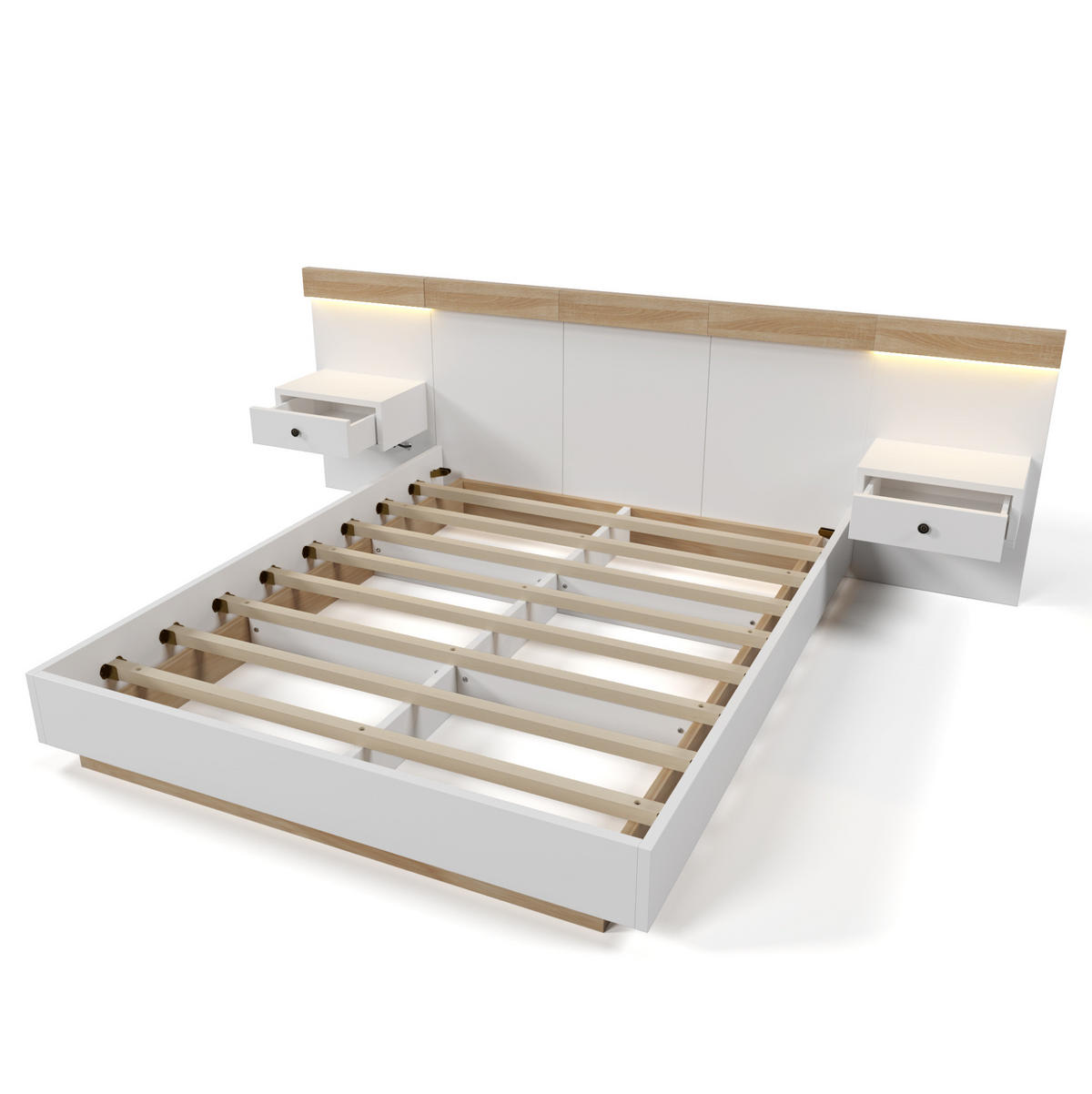 DOPPELBETT 140/200 cm Weiß aus Holzwerkstoff mit LED-Nachttischen und USB-C - Weiß, Holzwerkstoff (140/200cm) - OKWISH