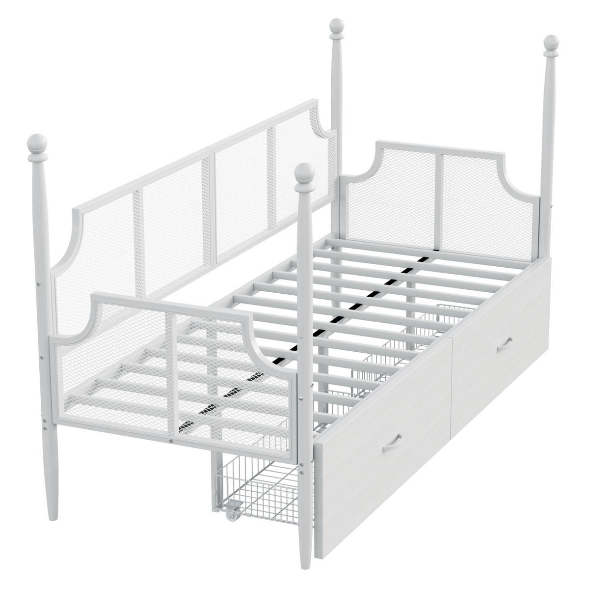 METALLBETT 90/200 cm weiß mit Vintage-Rückenlehne und Ablagefächern - Weiß, Metall (90/200cm) - OKWISH