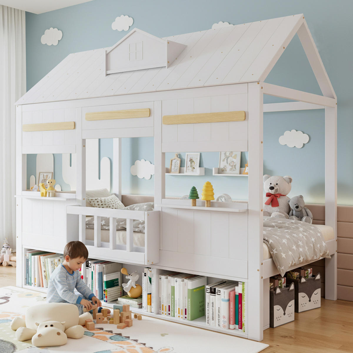 HOCHBETT 90/200 cm mit Bücherregal, stabilem Lattenrost und Hausdesign aus Massivholz und MDF, Weiß - Weiß, Holz (90/200cm) - Redom