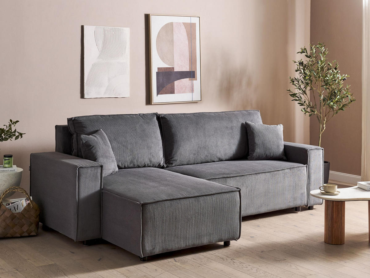2-SITZER-ECKSOFA Cord graphitgrau linksseitig mit Schlaffunktion Abacka - Schwarz/Grau, Textil (247/147cm) - Beliani