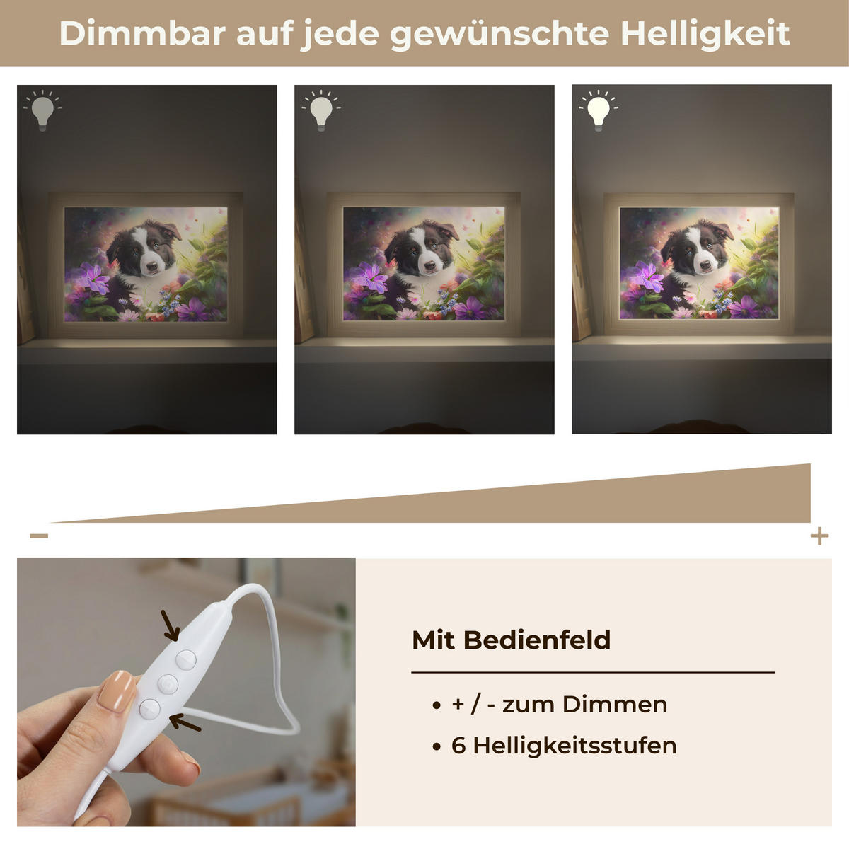 NACHTTISCHLAMPE Welpe - Sonne - Blumen - Natur - Border Collie - Hund 20x15 cm - Violett, Holzwerkstoff (8/20/15cm)