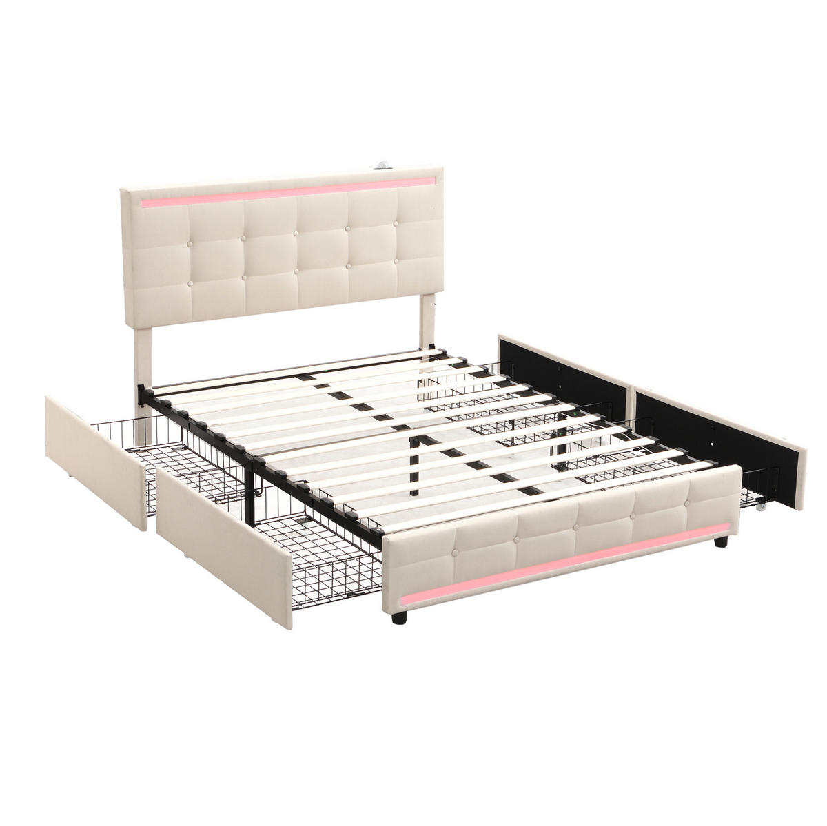 POLSTERBETT aus gepolstertem Bezug 140x200 cm Beige mit LED-Beleuchtung, 2 USB-Anschlüssen und 4 Schubladen - Beige, Textil (140/200cm) - Modfu
