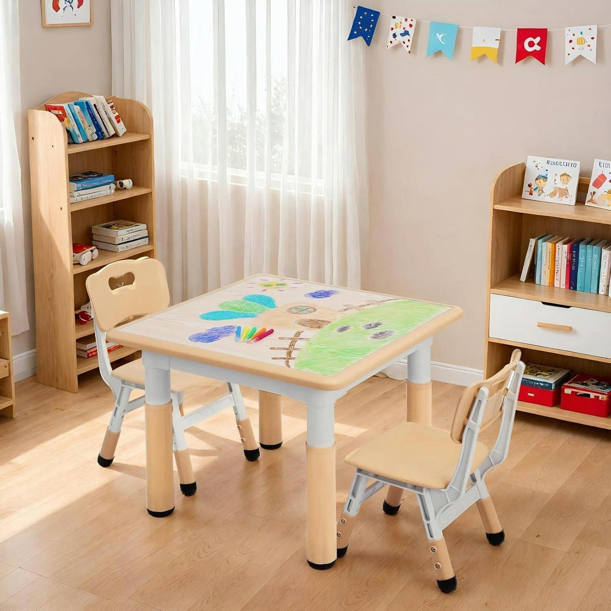 KINDERTISCH mit 2 Stühlen Set höhenverstellbar Gelb - Multicolor, Kunststoff (60/60/60cm)
