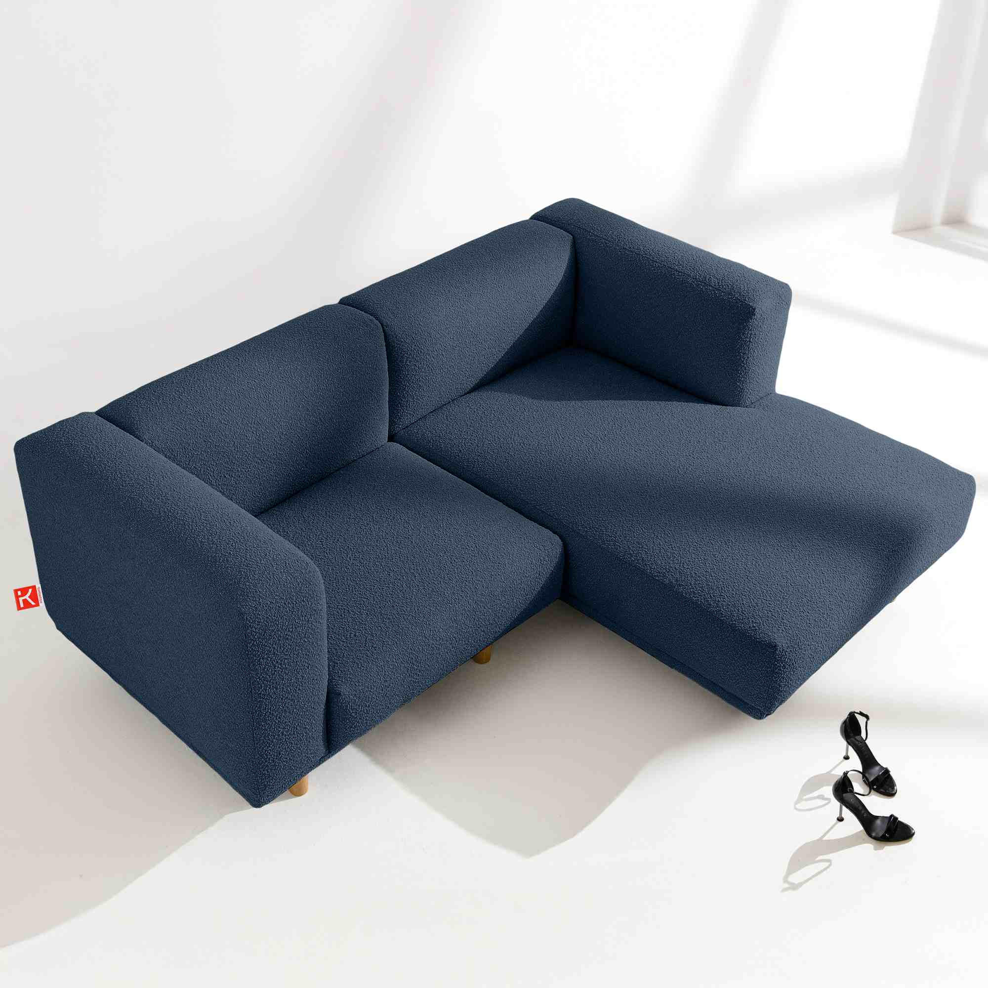 ECKSOFA-RECHTS FOSERO, Bouclé - Buchefarben/Dunkelblau, Holz/Holzwerkstoff (204/155cm) - KONSIMO®