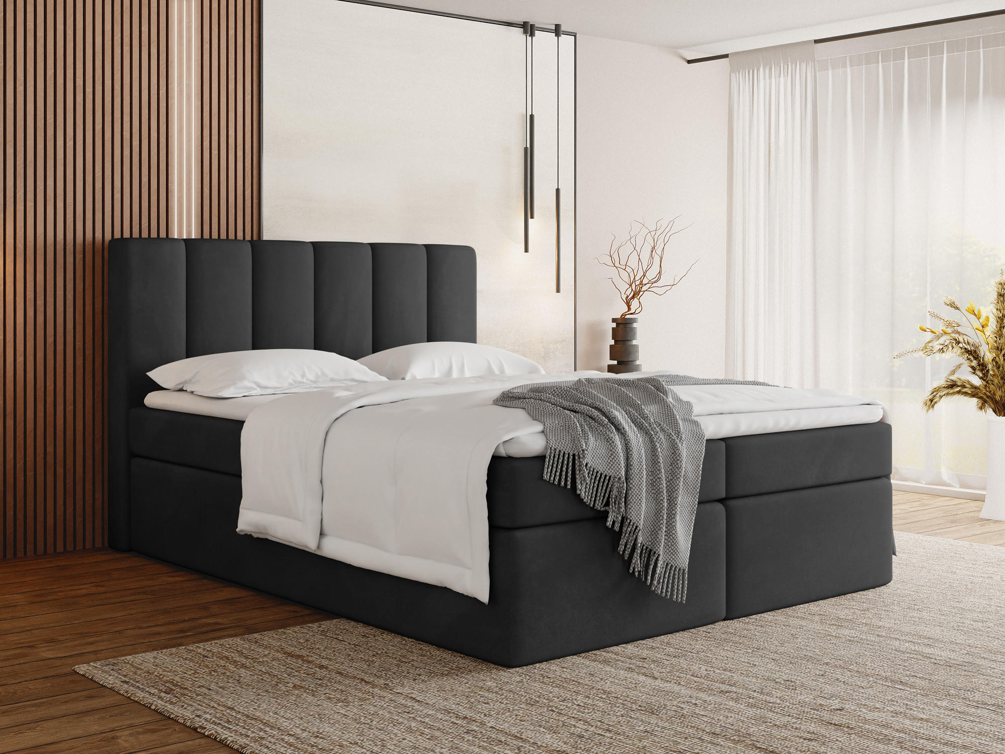 BOXBETT Amira mit Bettkasten, Schwarz Samt 200x200 cm - inkl. H3 Matratze und H3 Foam Topper - Schwarz Hochglanz/Schwarz, Holzwerkstoff/Kunststoff (200/200cm) - WFL GROUP