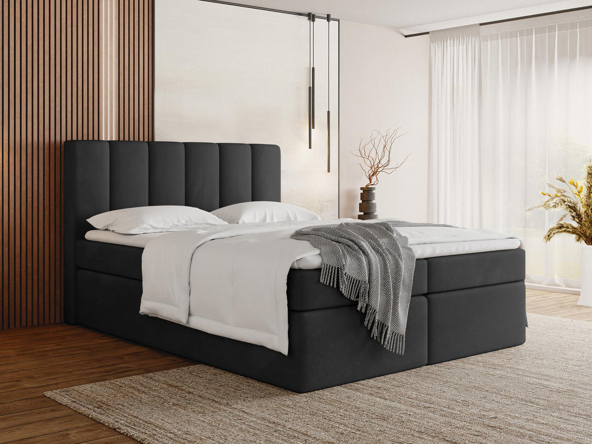 BOXBETT Amira mit Bettkasten, Schwarz Samt 200x200 cm - inkl. H4 Matratze und H3 Foam Topper - Schwarz Hochglanz/Schwarz, Holzwerkstoff/Kunststoff (200/200cm) - WFL GROUP