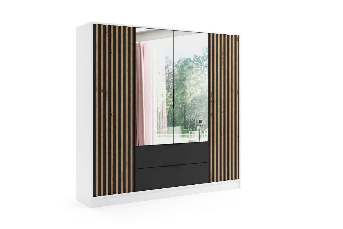 KLEIDERSCHRANK NERA - 200 cm - Weiß|Schwarz|Eiche Artisan - Schwarz/Weiß, Holzwerkstoff (200/200/51cm) - ALTDECOR