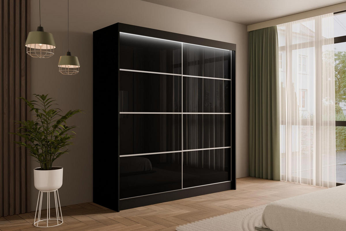 KLEIDERSCHRANK PEKA III mit LED - 200 cm - Schwarz - Schwarz/Weiß, Holzwerkstoff (200/215/61cm) - ALTDECOR