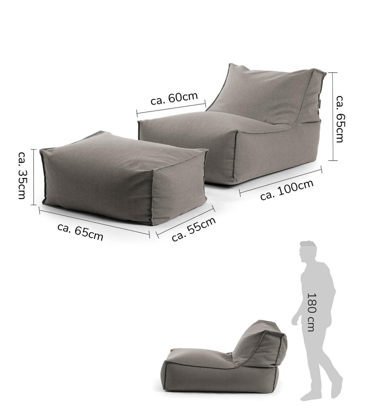 SITZSACK mit Hocker und Hülle Der Sundowner - Dunkelgrau/Grau, Textil (65/65/100cm) - Mokebo