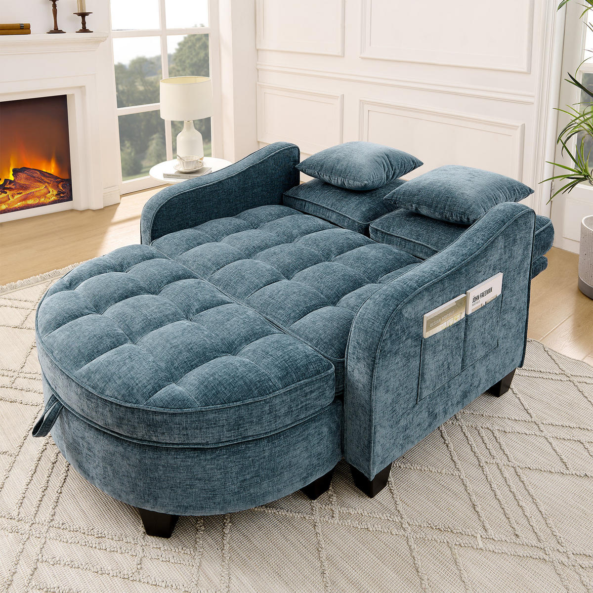 SOFA Chenille Blau mit Hocker und Schlaffunktion - Blau, Holzwerkstoff/Kunststoff (132/93/129cm) - WISHDOR