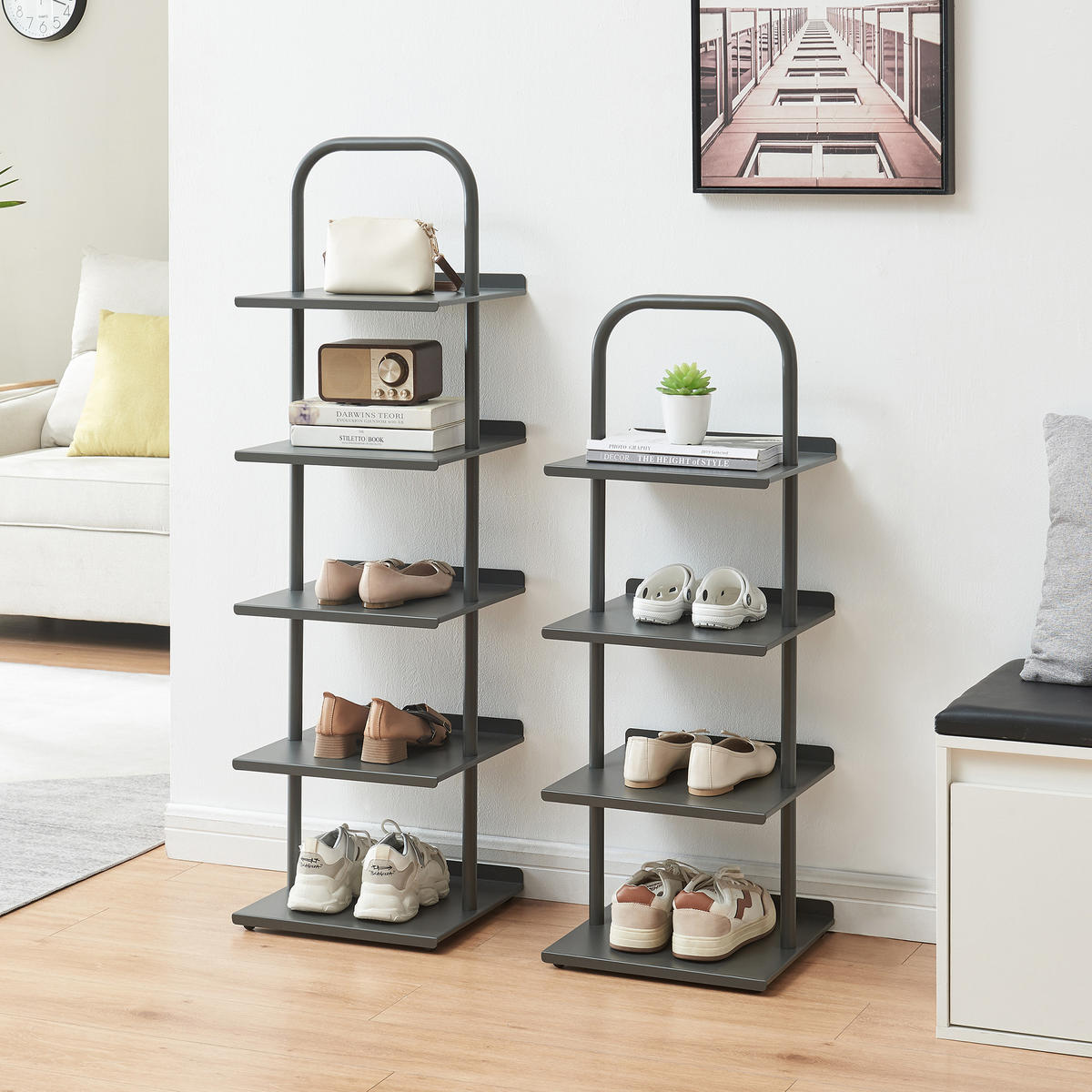 SKŘÍŇ NA BOTY Poytya - antracitová, kov (34/119/32cm) - [en.casa]