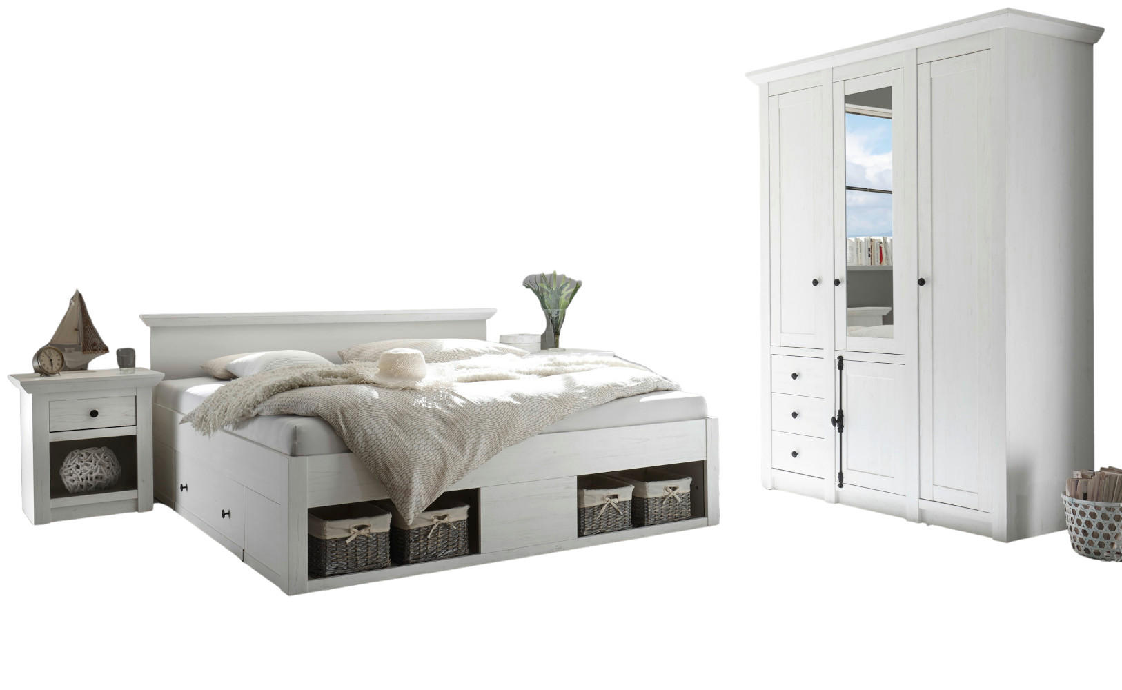 SCHLAFZIMMER-SET 3-teilig Pinie weiß mit Doppelbett, Kleiderschrank und Nachttisch - Schwarz/Weiß, Glas/Holzwerkstoff (186/206/64cm) - Furn.Design