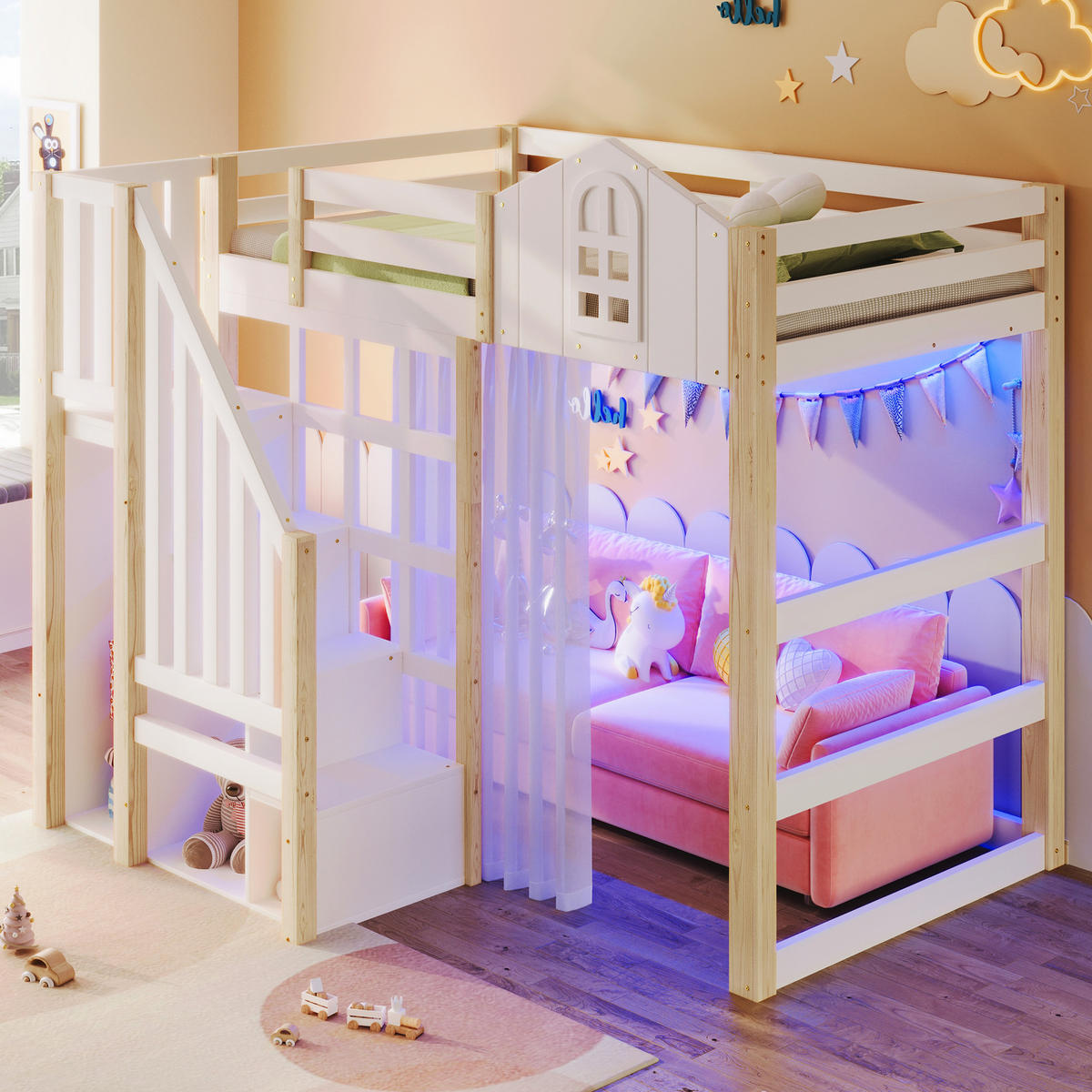 HOCHBETT 90/200 cm DE-04502, mit LED, Fensterform und Ablageleiter in Weiß/Natur - Weiß/Naturfarben, Holz/Holzwerkstoff (90/200cm) - ComfortXL