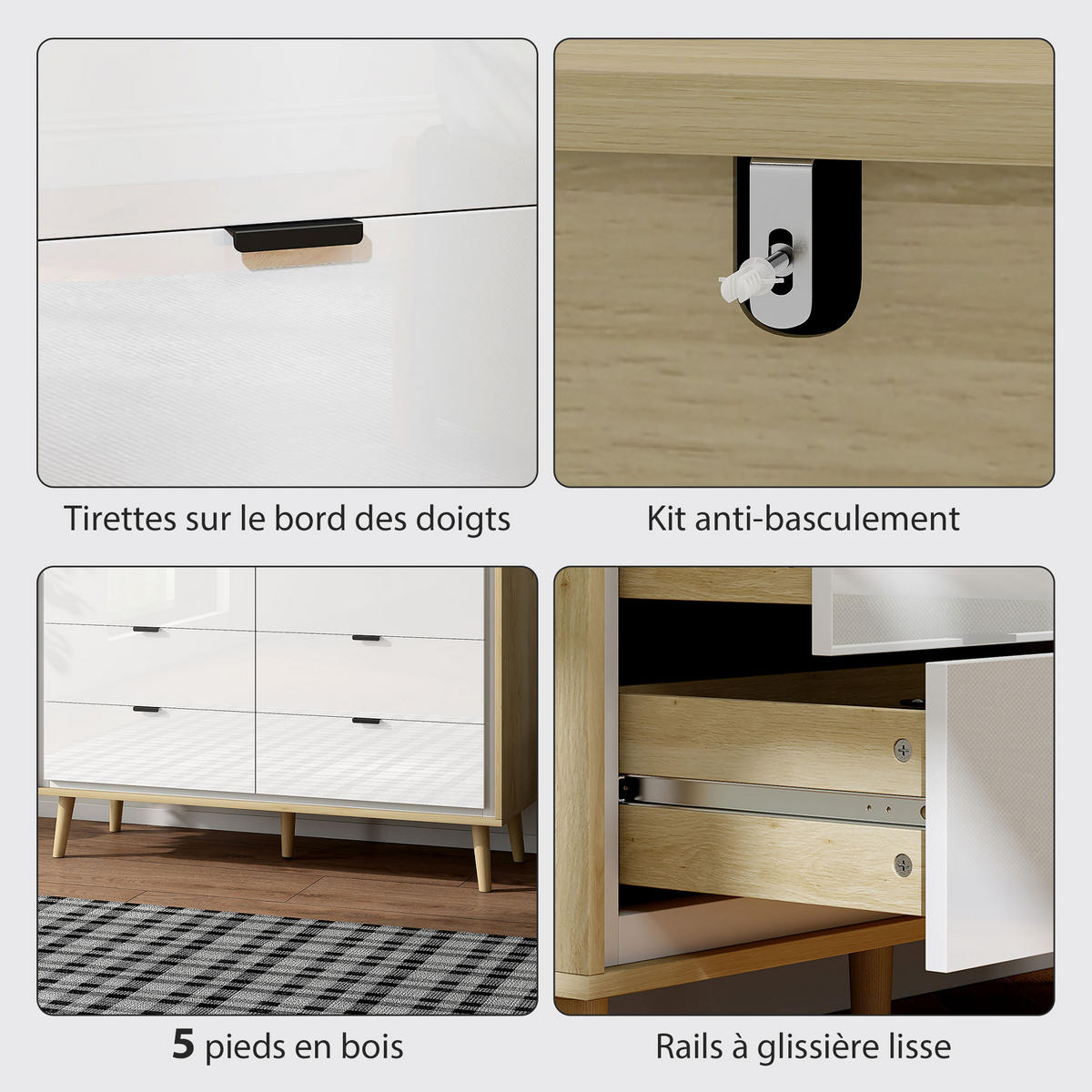 KOMOODE DE-12902 6 Schubladen, Hochglanz Weiß/Eiche - Weiß, Holzwerkstoff (110/75/40cm) - ComfortXL