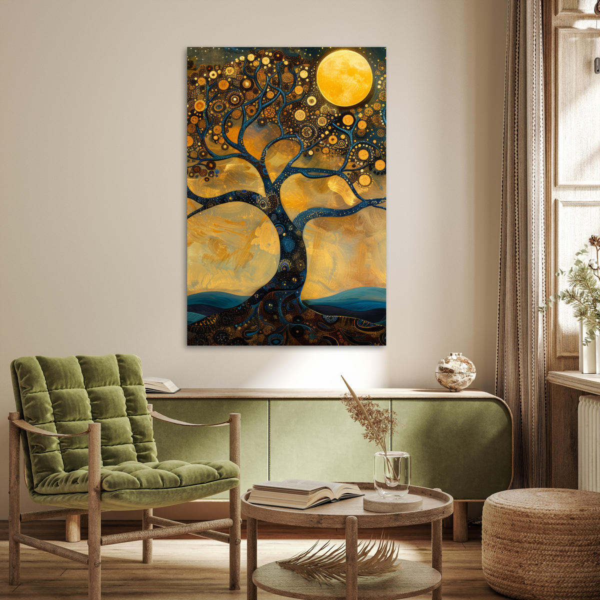 POSTER Baum - Mond - Blumen - Gold - Kunst 80x120 cm - Orange, Papier (80/120/0.1cm) - MuchoWow