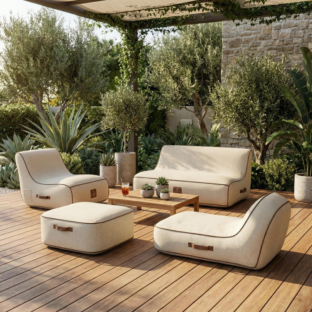 GARTENSET 4-tlg. Weiß - Creme/Weiß, Kunststoff/Textil - Coco Lounge