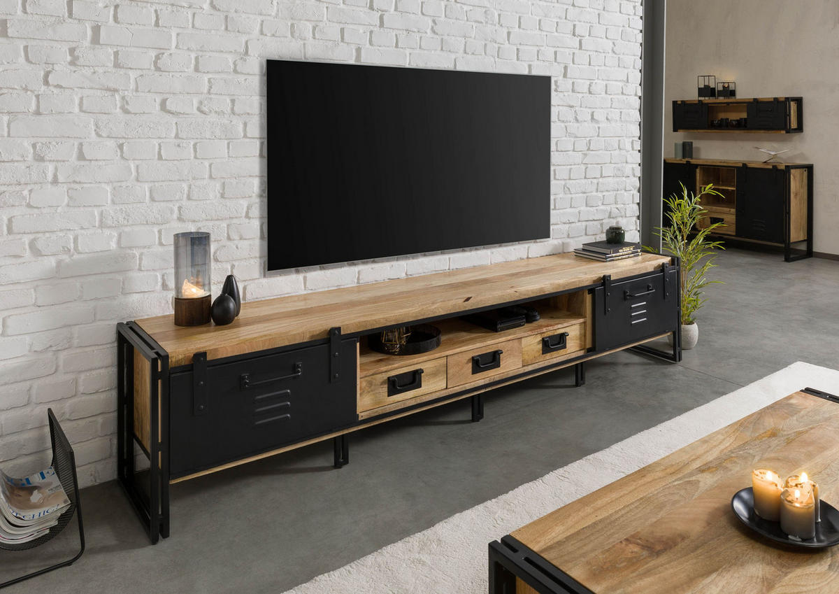 TV-BOARD Mango 260x45x55 natur klar lackiert / Metall schwarz BLACKBURN #553 - Naturfarben, Holz (45/55/260cm) - Massivmoebel24