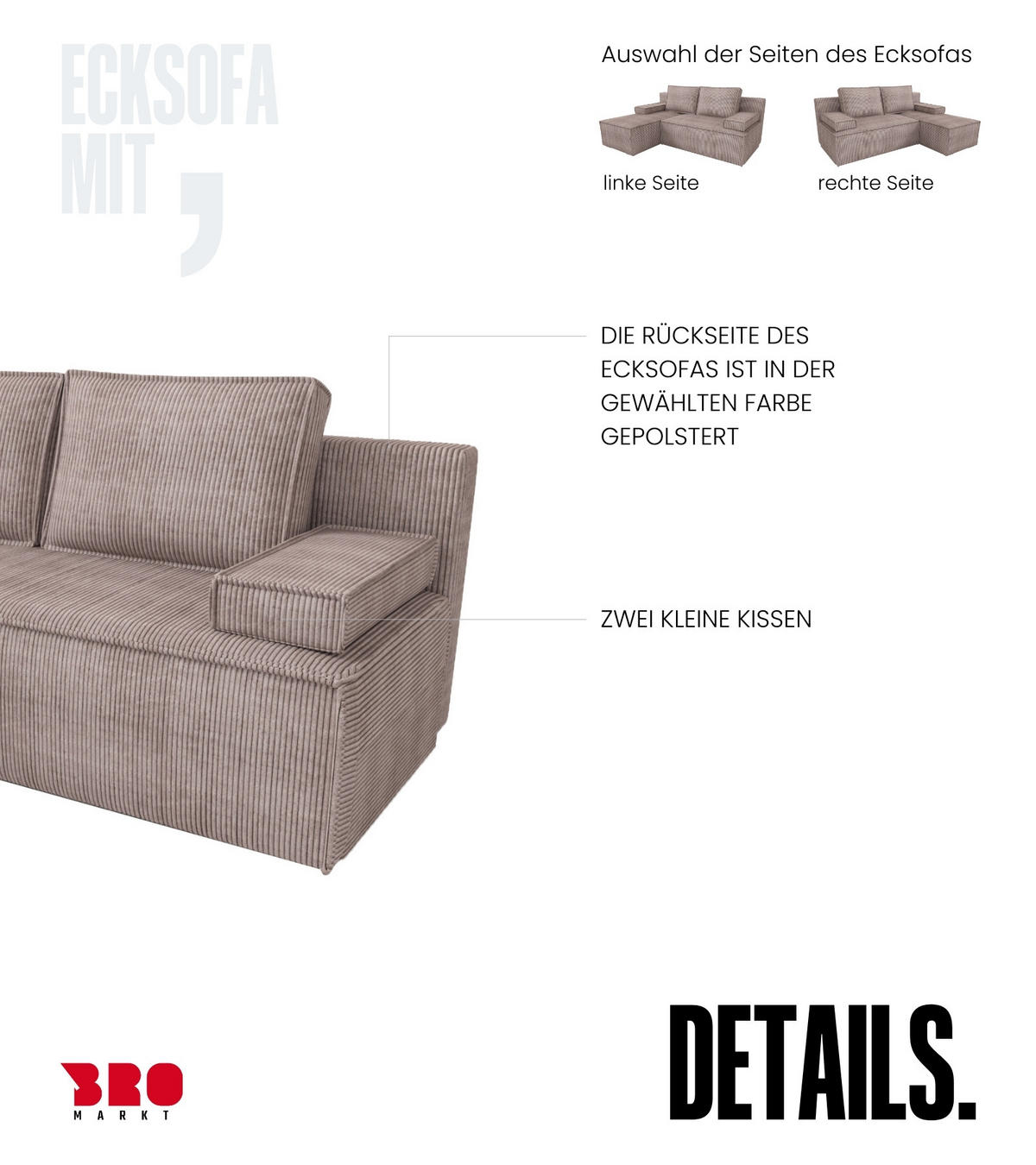 ECKSOFA Caspar mit Schlaffunktion Puderrosa Cord - Rosa, Textil (200/141cm) - Bromarkt