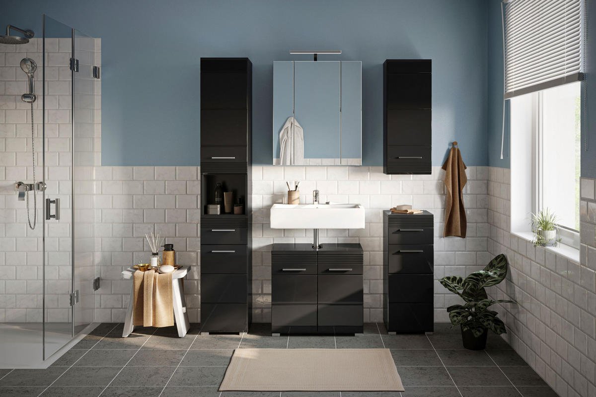 BADEZIMMER 5tlg. inkl. Beleuchtung Lino Bad in schwarz Nb. und schwarz HG B/H/T: 151x182x34 cm - Schwarz, Holz (151/182/34cm)