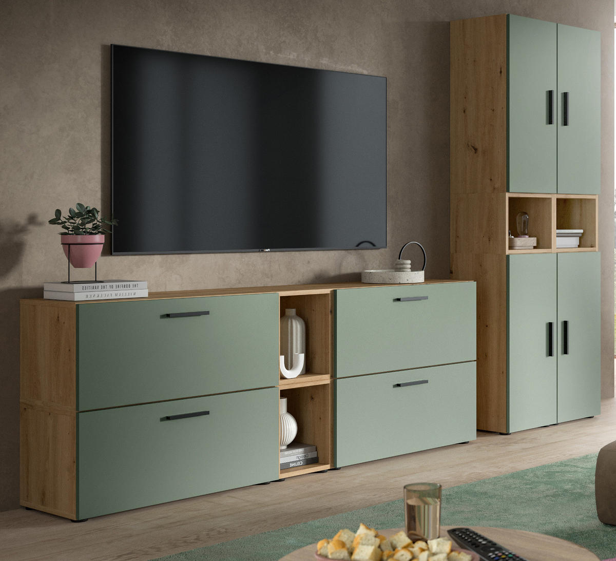 WOHNWAND grün, Eiche Artisan 256 x 178 cm, Schrankwand mit Soft-Close - Schwarz/Eiche Artisan, Holzwerkstoff/Kunststoff (256/151/34cm) - Inn.Furn