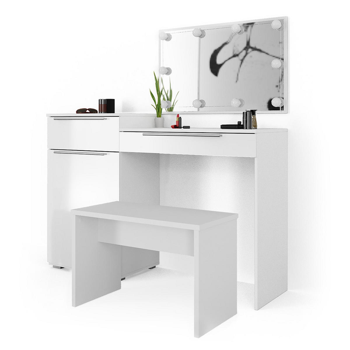 SCHMINKTISCH Lilli Weiß 135 cm mit LED Beleuchtung und Bank - Weiß, Holzwerkstoff (135/90/39cm) - Vicco