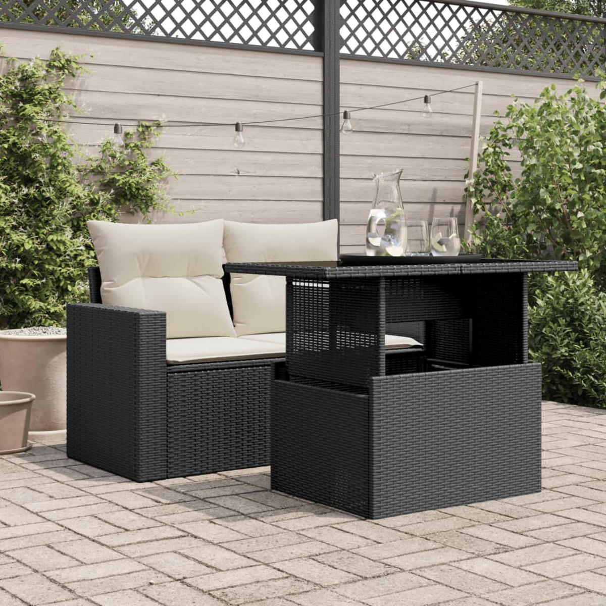 GARTENTISCH mit höhenverstellbare Glasplatte, 100/55/73 cm, aus Poly Rattan, Schwarz - Schwarz, Kunststoff (100/55/73cm) - vidaXL