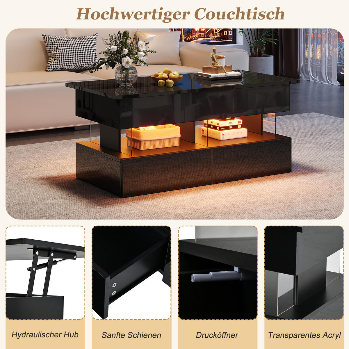COUCHTISCH DE-37106 höhenverstellbar mit LED und 2 Schubladen Schwarz - Schwarz, Holzwerkstoff (100/50/46cm) - ComfortXL