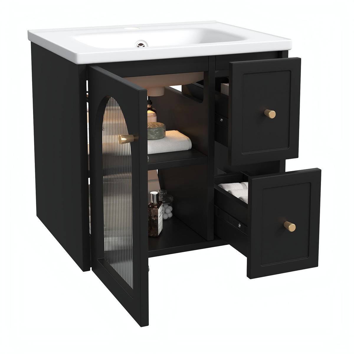 WASCHBECKENUNTERSCHRANK Keramik LED Glastür Soft-Close - Schwarz, Holzwerkstoff (60.5/57/47.5cm) - FLIEKS