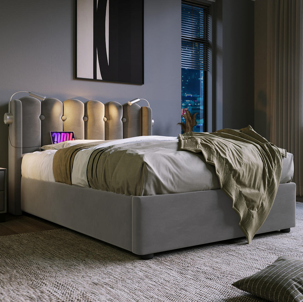 POLSTERBETT 90/200 cm Grau aus Samt mit Bettkasten, Leselicht und USB-Anschluss - Grau, Textil (90/200cm) - Flora Grace