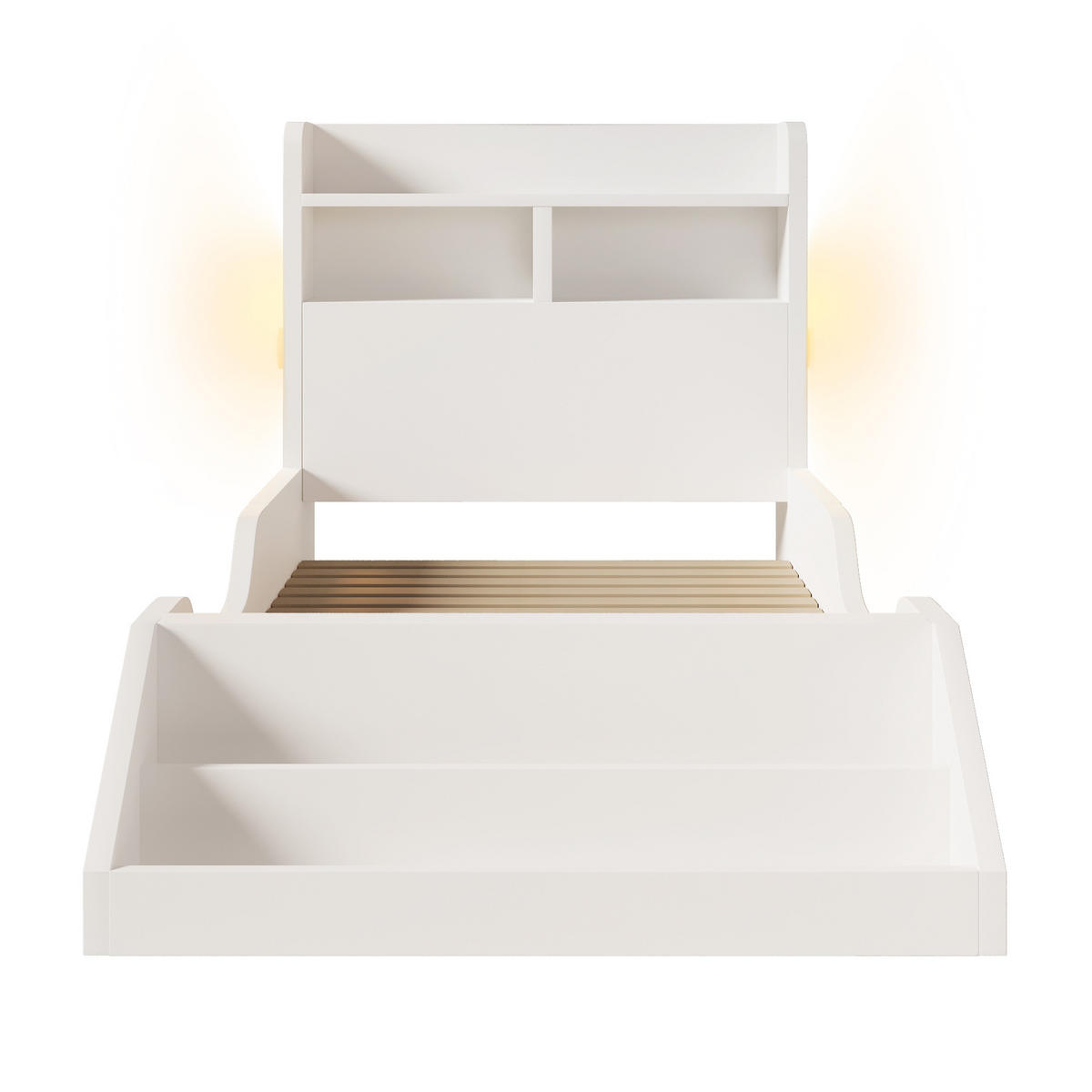 KINDERBETT 90/200 cm Weiß aus Massivholz mit Nachtlichtern und Ablagen - Weiß, Holzwerkstoff (90/200cm) - OKWISH