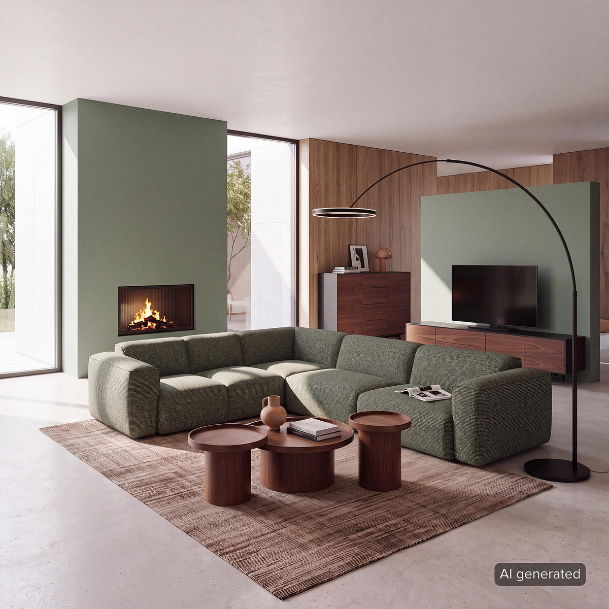 ECKSOFA mit Rundecke - Schwarz/Grün, Kunststoff/Textil (325/260cm) - home24
