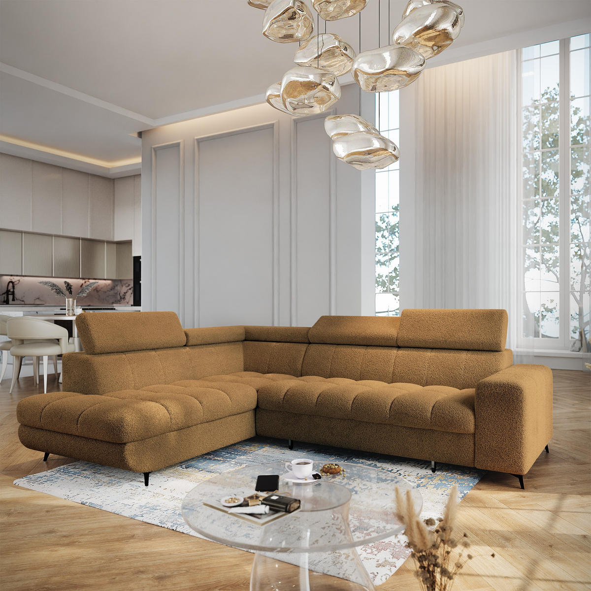 ECKSOFA MORIVA Q L-S Orange Boucle-Stoff mit Schlaffunktion - Orange, Holzwerkstoff/Textil (253/190cm) - MASSENO