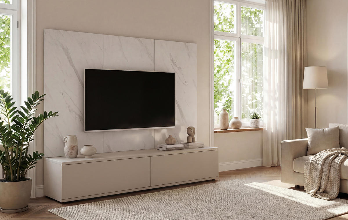 TV-LOWBOARD kaschmir, Marmor weiß 180 cm, TV Unterschrank Set mit Wandpaneel und Push-to-Open - Kaschmir/Weiß, Holzwerkstoff (180/155/45cm) - Inn.Furn